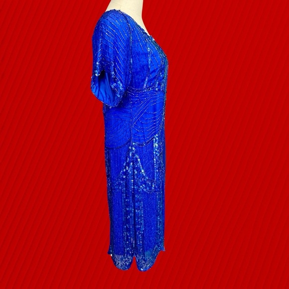 NWT Swee Lo Vintage Royal Blue 100% Silk Fully Beaded Ornate Midi Dress Size M - Picture 15 of 16
